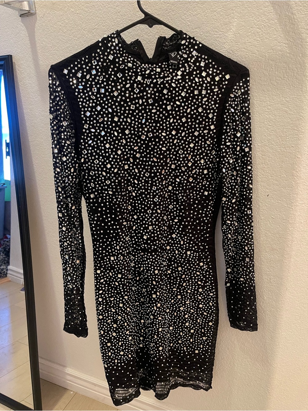Windsor Black Long Sleeve Crystal Studded Mini Dress